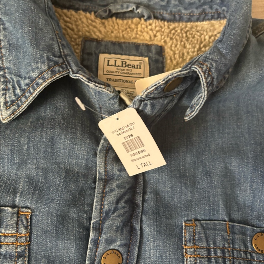 LL Bean Trucker Shacket Men's L-Tall Denim Sherpa Lined Chore Shacket Farmer Ag - Picture 2 of 13